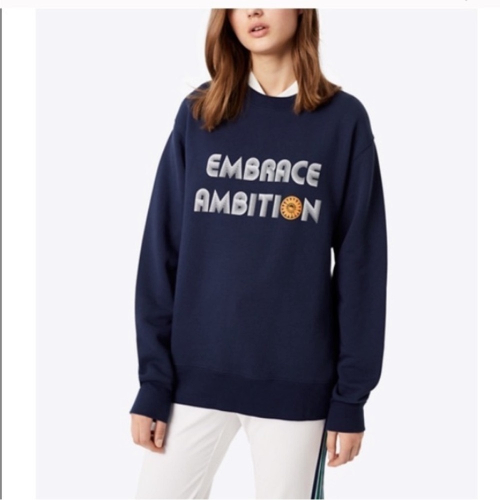 Tory Burch Sport Womens Sweatshirt EMBRACE AMBITION Crewneck Navy Blue Sz. S